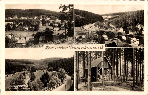 Ak Rautenkranz in Vogtland, algemeen beeld, Jägersgrün. Muldentalstraße, Waldquelle