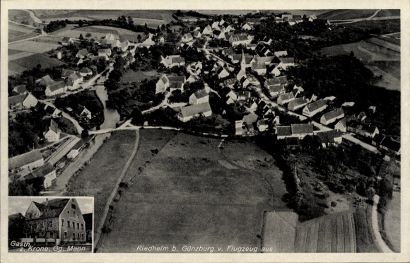 Postcard Riedheim Leipheim an der Donau Swabia, aerial view of Riedheim, Gasthaus 2. Krone, green W