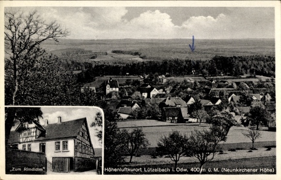 Ak Lützelbach im Odenwaldkreis Hessen, Totalansicht des Ortes, Gasthaus Zum Rimdidim, W. Hofmann