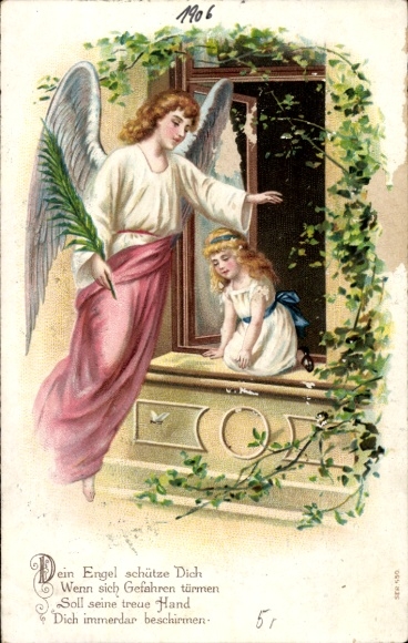 Präge Ak Mädchen auf einem Fensterbrett, Schutzengel