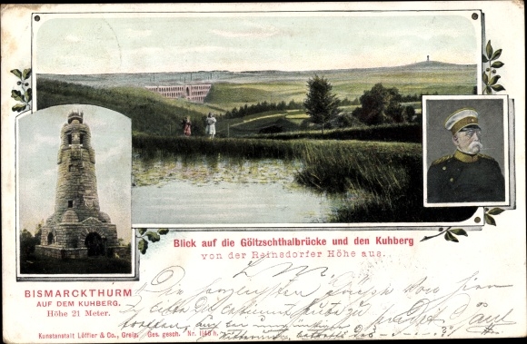 Ak Netzschkau im Vogtland, Blick auf die Göltzschthalbrücke und den Kuhberg, Bismarckturm