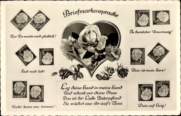 Postcard stamp language, flowers, yours forever, yours is my heart, Amag 70841