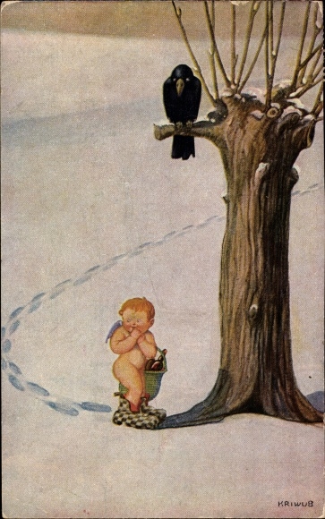 Artist Postcard Kriwub, raven on tree, angel, gifts, champagne