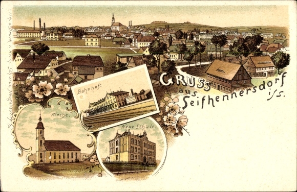Chromo-Litho Seifhennersdorf in Upper Lusatia Saxony, church, school, train station, total view