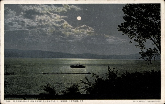 Ak Burlington Vermont Verenigde Staten, Maanlicht op Lake Champlain