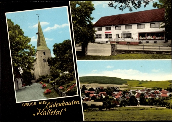 Ak Lüdenhausen Kalletal in Lippe, Gesamtansicht, Kirche, Geschäft