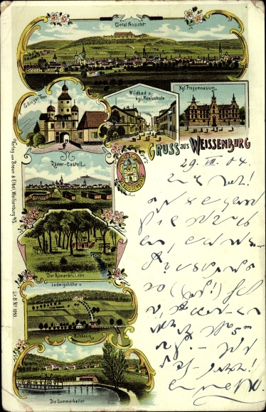 Herb lito Weißenburg w środkowej Frankonii w Bawarii, Ellinger Tor, Römerbrunnen, Ludwigshöhe, Gymnasium