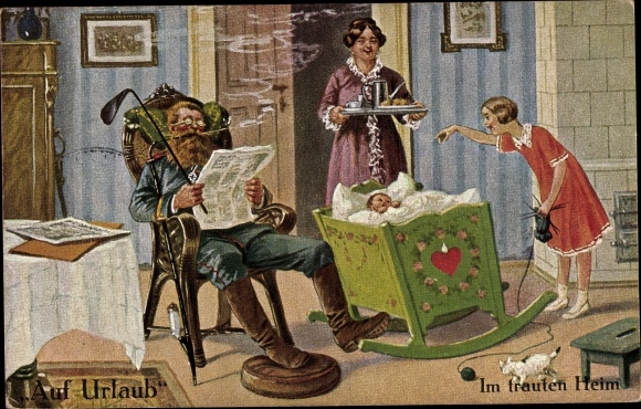 Kunstenaar Ak Thiele, Arthur, op vakantie, in het huiselijke huis, soldaat, pijp, familie, wieg
