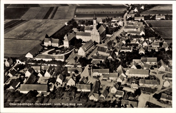 Postcard Obermedlingen Medlingen in Swabia Bavaria, aerial view of Swabia, church, residential buildings