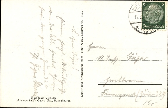 Postcard Buttenhausen Münsingen in Württemberg, Haldenwang monument, Bernheimer'sche secondary school, Pernat