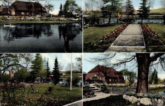 KP Börnsdorf koło Plön w Holsztynie, Landhaus Jägerhof, częściowe widoki, ogród, łabędzie