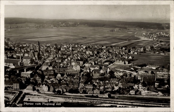 Postcard Pfersee Augsburg in Swabia, aerial view of houses, streets, landscape
