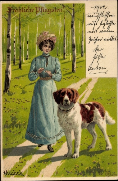 Artist Chromo-Litho Mailick, Happy Pentecost, Saint Bernard, woman in blue dress