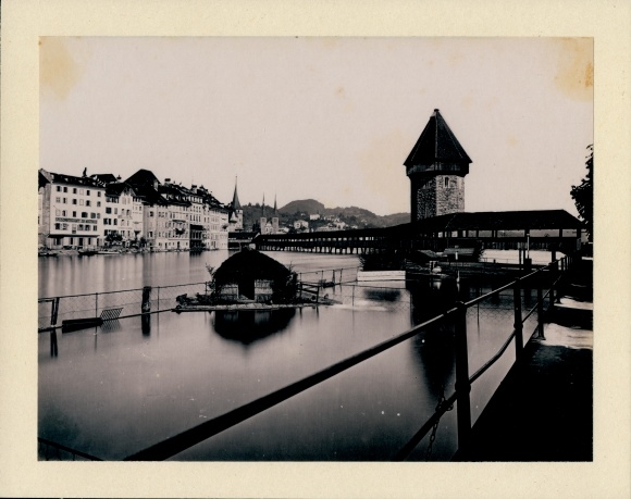 Photo 1885, Lucerne City Switzerland, Spreuer Bridge, Restaurant zur Mostrose, Hotel du Soleil