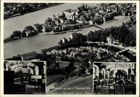Postcard Passau in Lower Bavaria, aerial photograph, interiors of the theater, wine bar Dornier