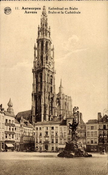 Ak Antwerpen Vlaanderen, Kathedraal, Brabo, Plein, oude architectuur
