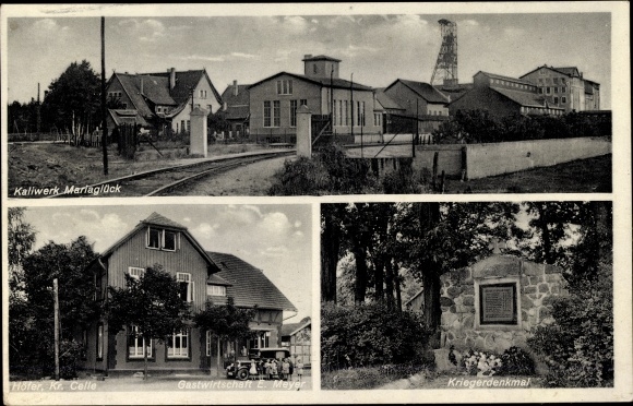 Ak Höfer Eschede op de Lüneburger Heide, kalifabriek Mariaglück, oorlogsmonument, herberg
