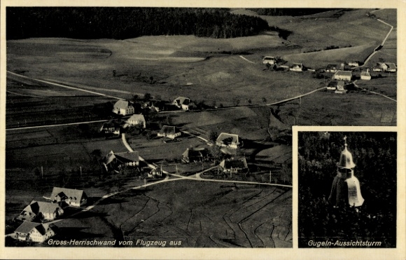 Ak Groß Herrischwand Herrischried im Schwarzwald, Fliegeraufnahme, Gugeln-Aussichtsturm