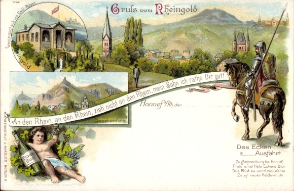 Postcard Bad Honnef am Rhein, Rhineland landscape, knight on horseback, Drachenfels, green nature