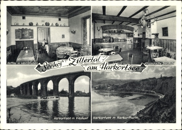 Ak Herdecke Ruhr, Seehof Zillertal am Harkortsee, viaduct, Harkortturm, biercafé, wijncafé