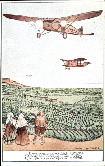 Artist Postcard Osimo, B. da, Italy, Children admire airplanes, I-AAZA
