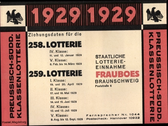 PC Prussian South Germany. Class lottery, draw dates, 1929