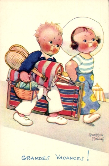 Artist Postcard Mallet, Beatrice, Grandes Vacances, Boy carrying luggage, tennis racket