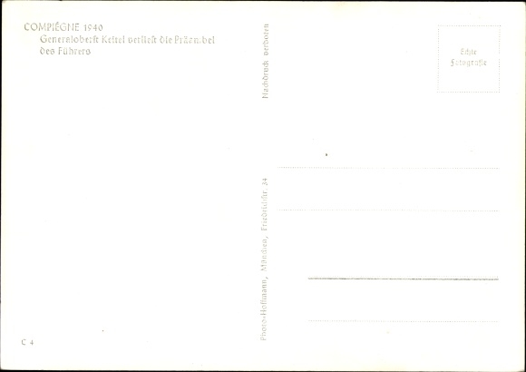 Postcard Armistice of Compiegne 1940, historical railway carriage, Adolf Hitler, Heß, Keitel