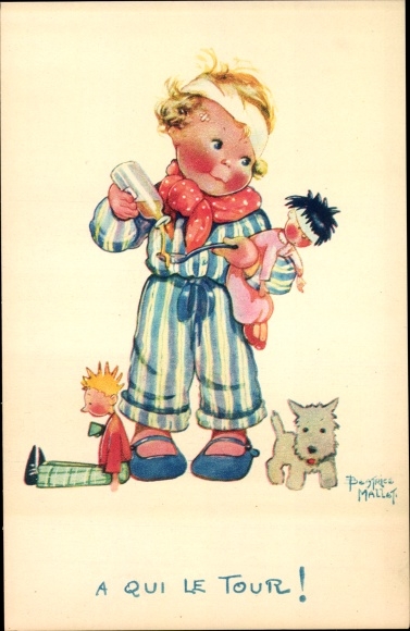 Artist PC Mallet, Beatrice, child with dolls, dog