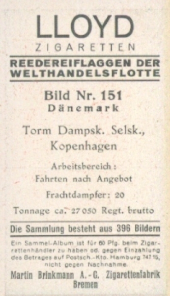 Verzamelfoto rederijvlaggen van de World Merchant Fleet No. 151, Torm Dampsk. Selsk., Kopenhagen