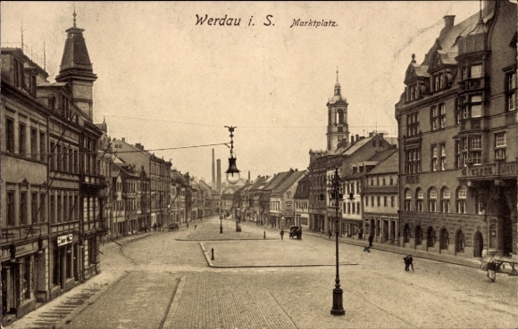 Postcard Werdau in Saxony, market square, building, street view, lantern, vehicles