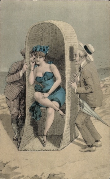 Artist Postcard Woman in erotic clothing on the beach, swimwear