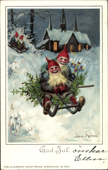 Artist Chromo-Litho Nyström, J., Happy Christmas, gnomes, sleigh ride, fir tree