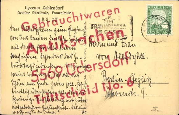 Postcard Berlin Zehlendorf, Lyceum, German High School, Women's School