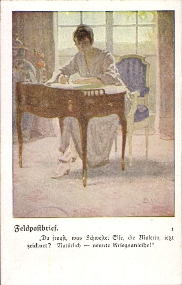 Artist Postcard Wennerberg, Bruno, field post letter, woman writing, ninth war bond