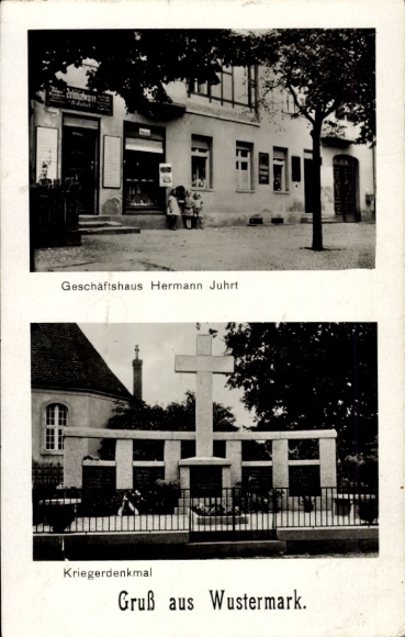 Postcard Wustermark in Havelland, Hermann Juhrt business building, war memorial, greetings from Wustermark