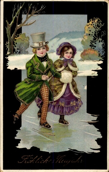 Glitter Embosser Chromo-Litho Happy New Year, skating into the new year