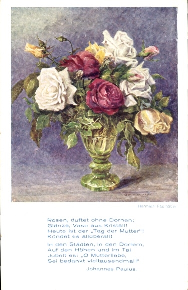 Artist Postcard Faulhaber, Hermine, flower vase with roses, poem by John Paul