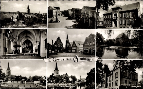 Ak Schüttorf in de provincie Bentheim, markt, buitenzwembad, kerk, watermolen, school