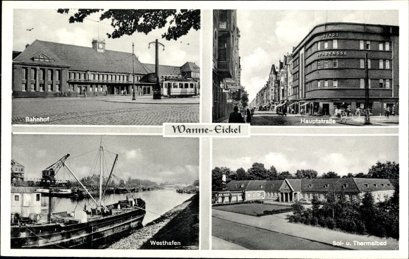 Postcard Wanne Eickel Herne in the Ruhr area, train station, thermal baths, main street, harbour