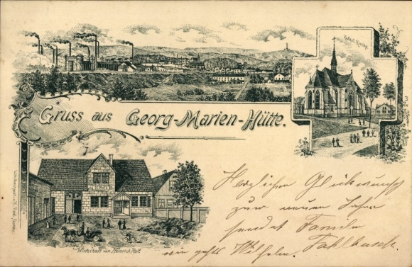 Litho Georgsmarienhütte in Niedersachsen, Georg-Marien-Hütte, Panorama, Fabrik, Kirche, Wirtschaft