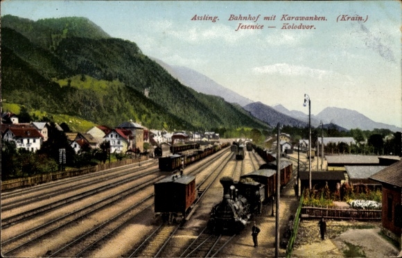 Postcard Jesenice Aßling Slovenia, Carniola, train station, Karawanks