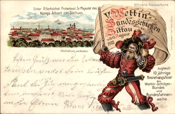 Litho Zittau in Sachsen, V. Wettin-Bundesschießen 1902, Stadtansicht