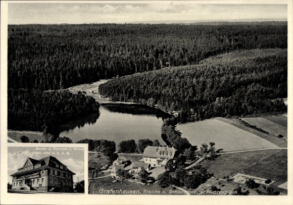 Ak Grafenhausen im Schwarzwald, Luftaufnahme, Schlüchtsee, Wälder, Gasthaus Krone