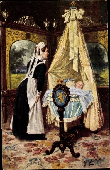 Artist PC Gerstenhauer, Johann Georg, nanny considers sleeping baby in the cradle