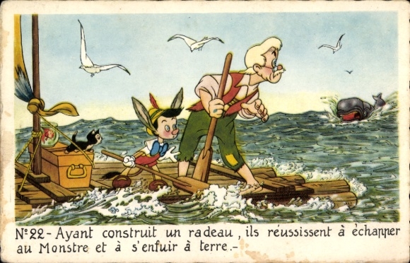 Ak Walt Disney, Pinocchio, Geppetto, See, Floß