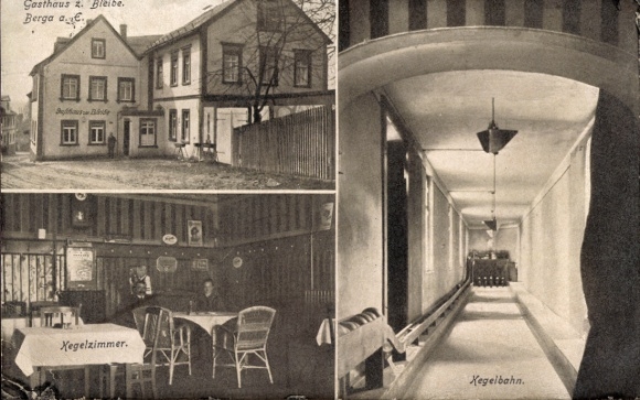 Ak Berga an der Elster Thüringen, Gasthaus Bleibe, Kegelbahn
