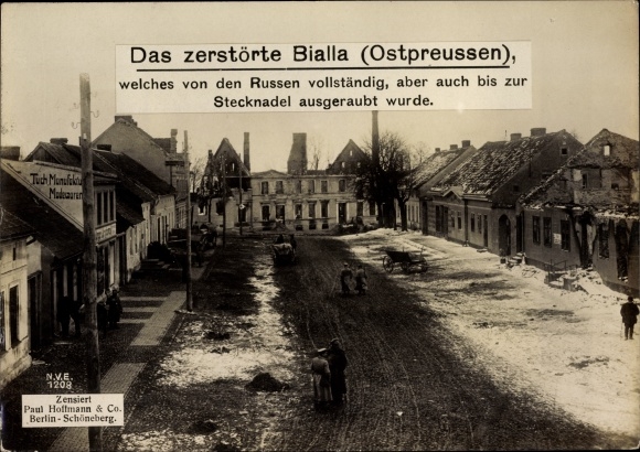 KP Biała Piska Gehlenburg Biała Prusy Wschodnie, zniszczone centrum miasta, I wojna światowa