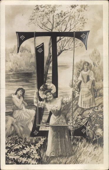 Letters Postcard Letters L and T, women, swing