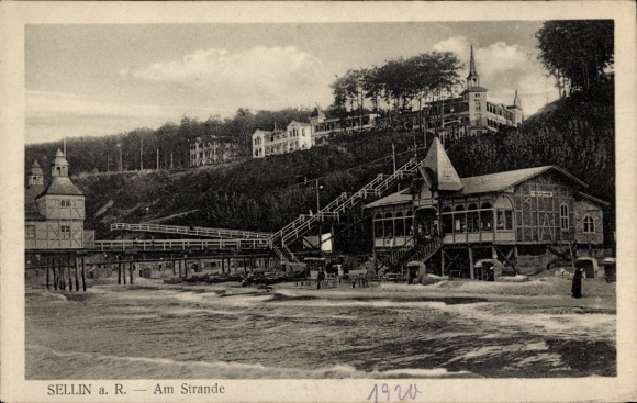 Ansichtkaart Oostzeebadplaats Sellin op Rügen, badplaats aan het strand, bebouwing op de heuvel, 1920